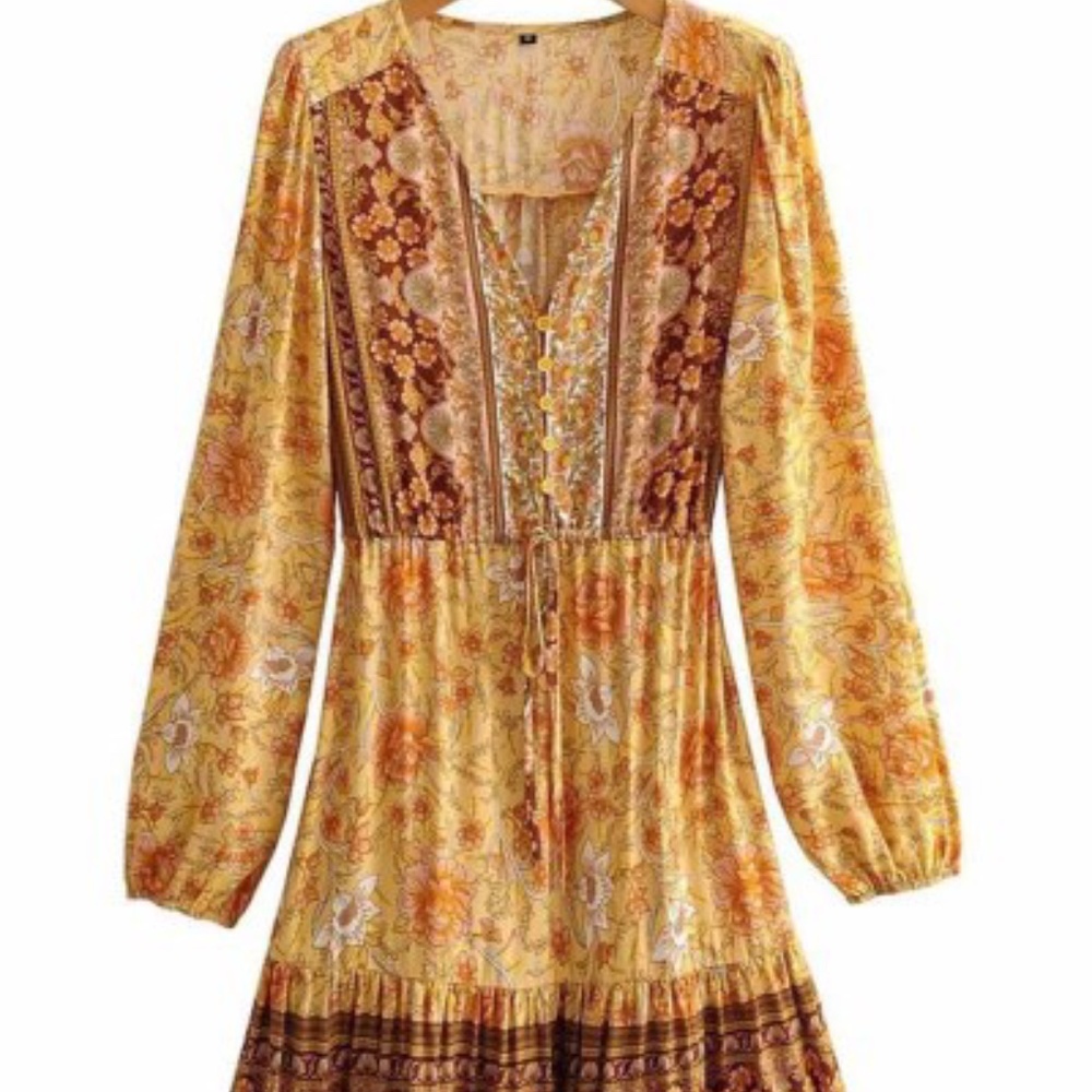 HP💝Yellow vneck boho minidress - Picture 5 of 8